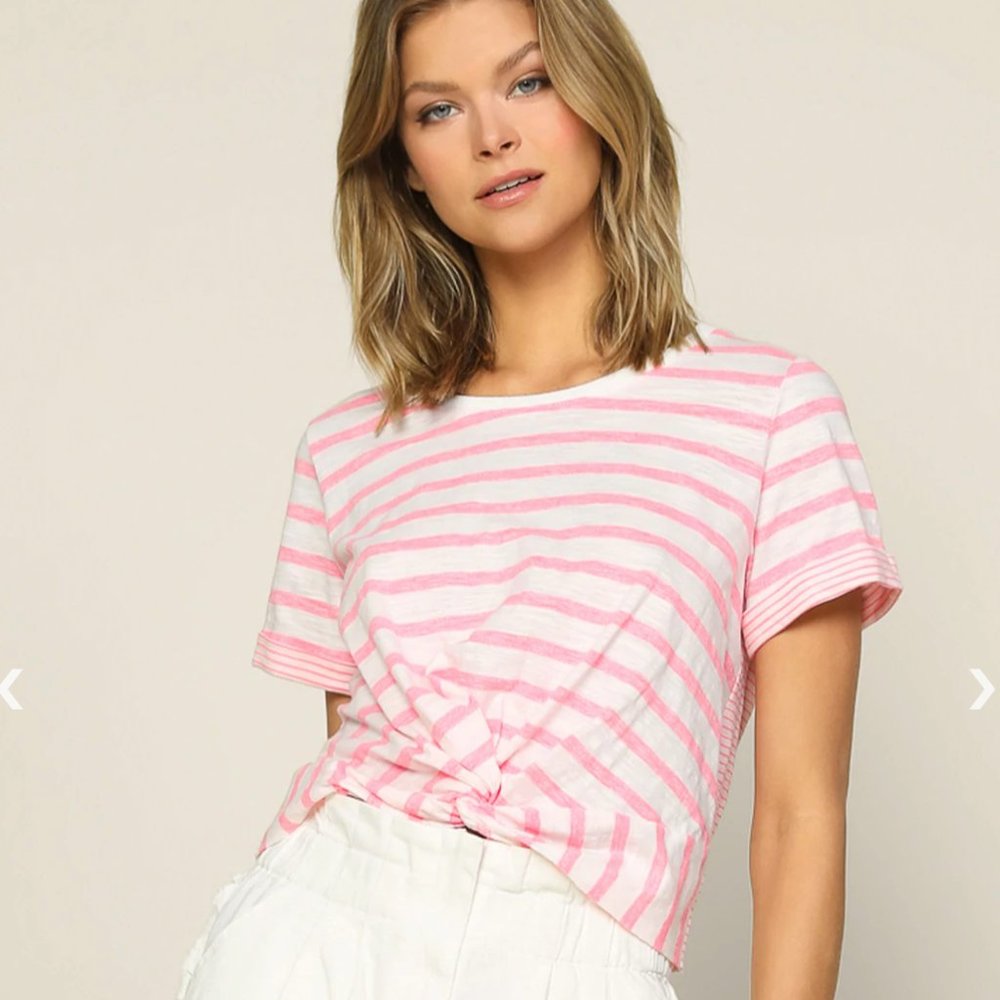 Neon Pink Striped Twist Front Crop Top Short Sleeve